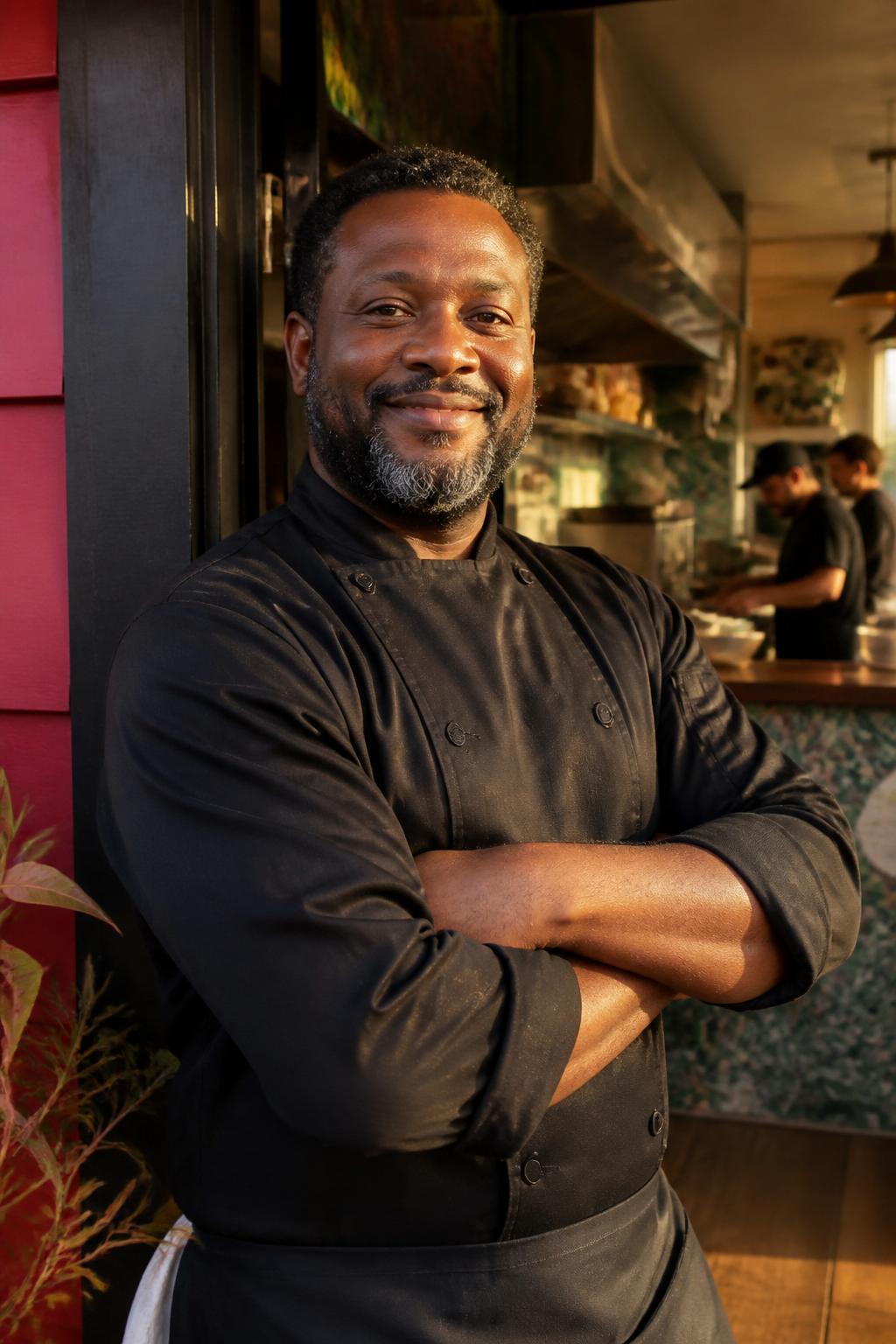 Chef-owner in the doorway of a Black-owned restaurant